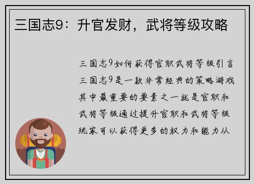 三国志9：升官发财，武将等级攻略
